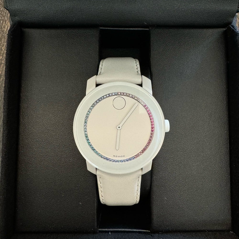 Women’s Movado Bold watch with multicolored crystals.